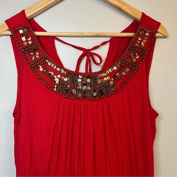 AGB Red Sleeveless Maxi Dress Waistband Lined Sequins Beaded Gauze Sz L Flowy - Picture 2 of 14